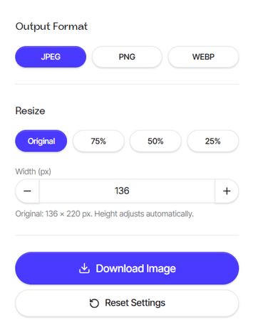Output format and resize settings in the compressor